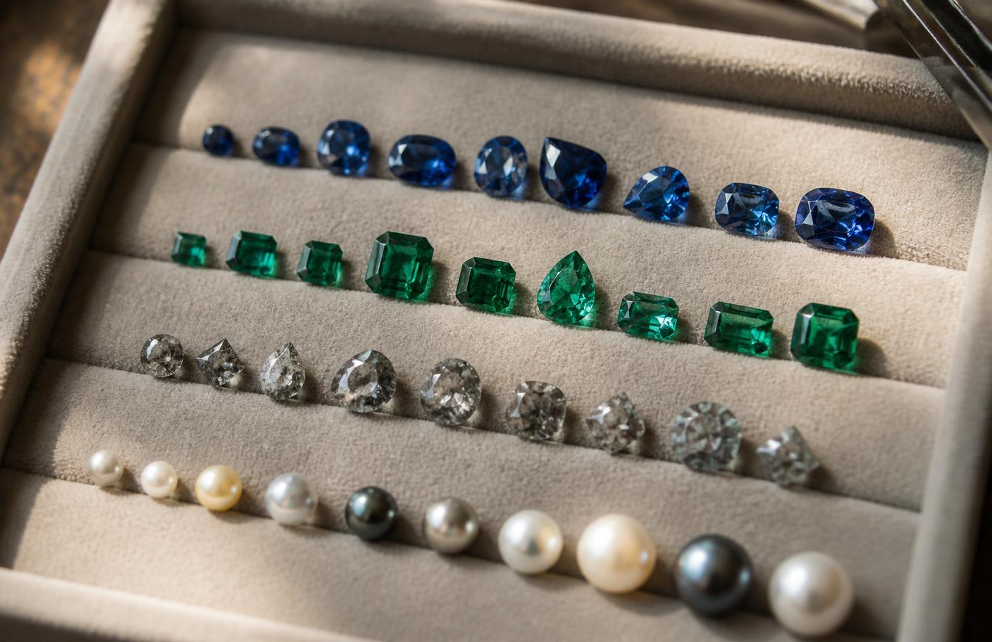 Loose sapphires, emeralds, salt and pepper diamonds and pearls in a jeweler's tray